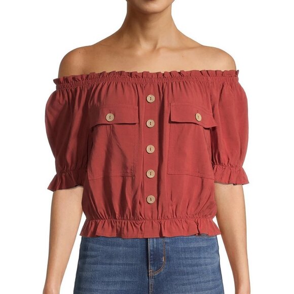 No Boundaries Tops - No Boundaries Juniors' Off Shoulder Woven Top